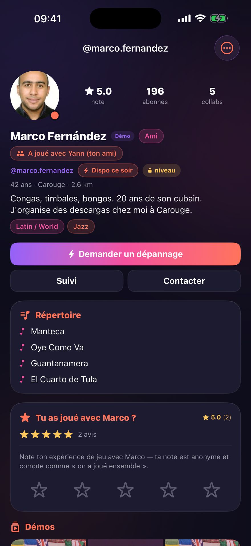 Profil d’un percussionniste dans Dispo : note, abonnés, répertoire et démos.