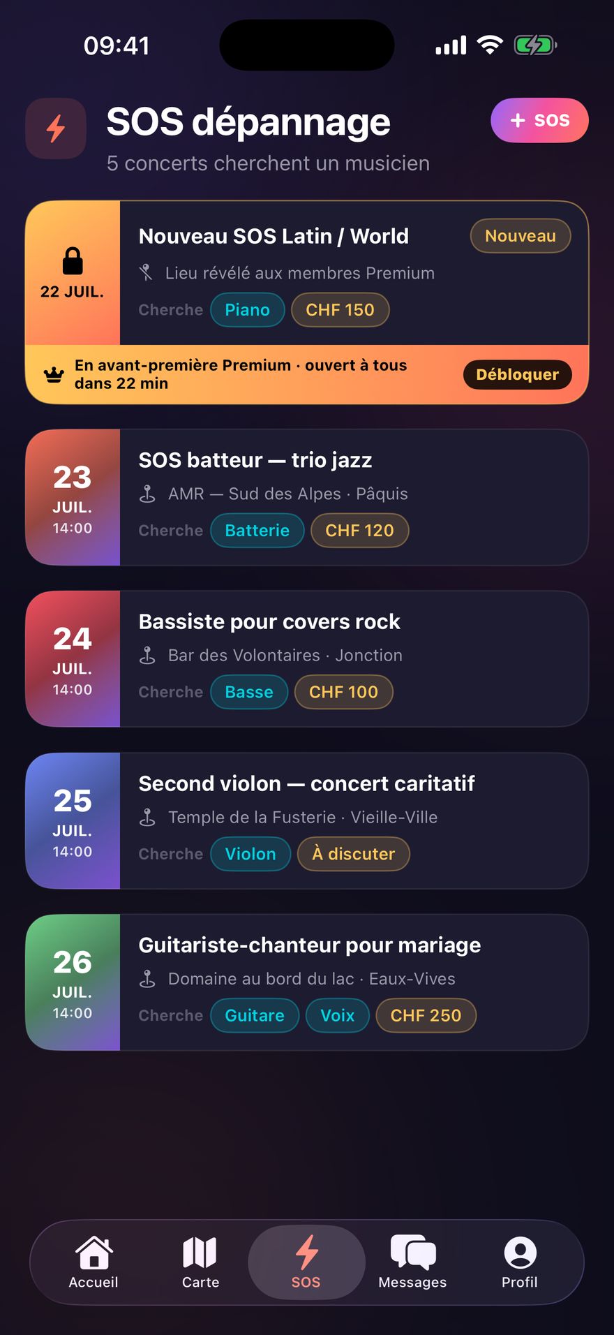 Liste des SOS dépannage dans Dispo : concerts datés avec cachet et instruments recherchés.